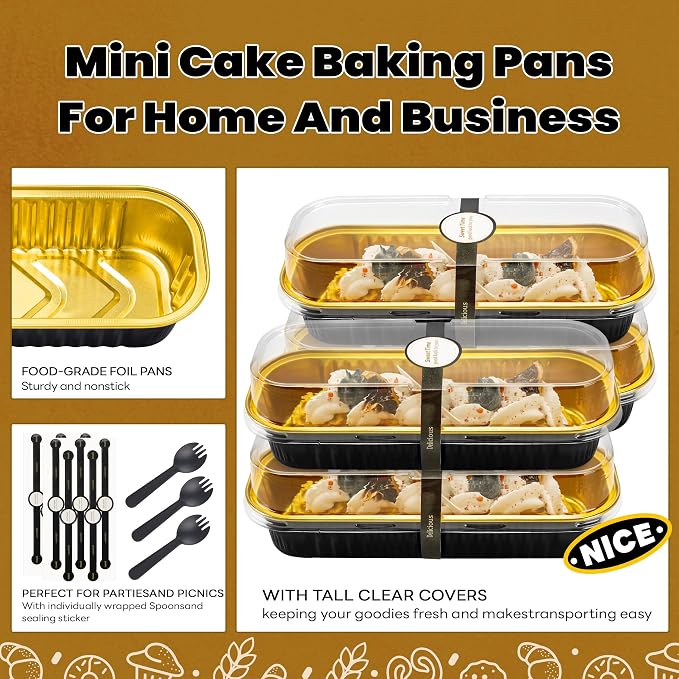 NPLUX Mini Loaf Pans with Lids and Spoons Rectangular Aluminum Foil Baking Pans Mini Cheesecake Containers 6.8oz, Graduation Gifts Party Favors(60 Pack, Black Gold)