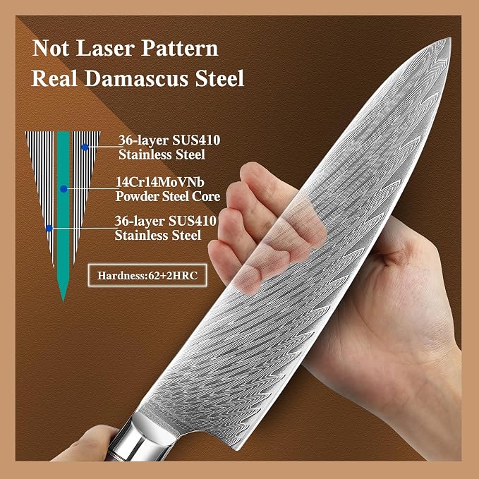8 inch Japanese Damascus Chef Knife, Damascus Chefs Knife Kitchen Knives for All-Around Food Preparation, Japanese Super Steel Sharp Chef's Knives, Professional Resin Handle Chef Knife