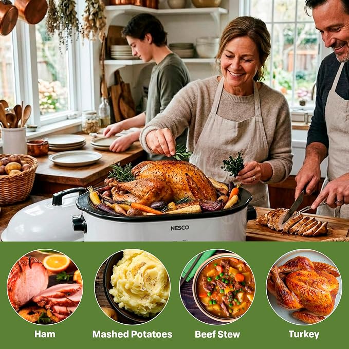 NESCO MWR18‑14 Electric Roaster Oven for Family‑Size Meals, White 18‑Quart Countertop Roaster with Adjustable Temperature Control