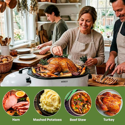 NESCO MWR18‑14 Electric Roaster Oven for Family‑Size Meals, White 18‑Quart Countertop Roaster with Adjustable Temperature Control
