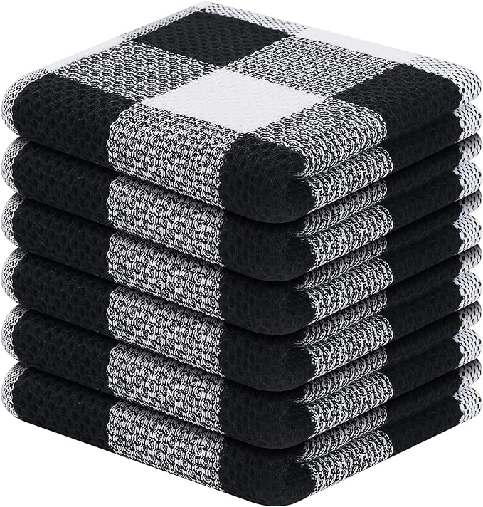 Homaxy 100% Cotton Waffle Weave Check Plaid Dish Cloths, 12 x 12 Inches, Super Soft and Absorbent Dish Towels Quick Drying Dish Rags, 6-Pack, White & Black