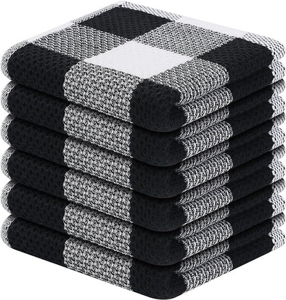 Homaxy 100% Cotton Waffle Weave Check Plaid Dish Cloths, 12 x 12 Inches, Super Soft and Absorbent Dish Towels Quick Drying Dish Rags, 6-Pack, White & Black