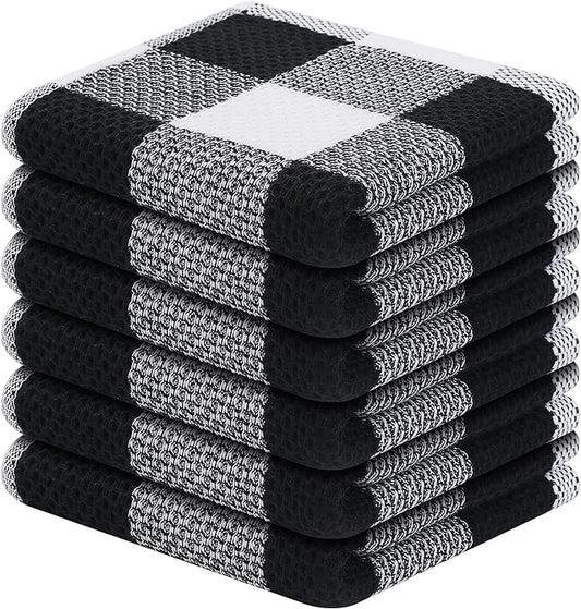 Homaxy 100% Cotton Waffle Weave Check Plaid Dish Cloths, 12 x 12 Inches, Super Soft and Absorbent Dish Towels Quick Drying Dish Rags, 6-Pack, White & Black