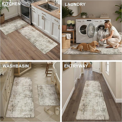 Kitchen Mats for Floor Set of 2 Anti Fatigue Waterproof Kitchen Rug Brown Grey Abstract Cushioned Non-Slip Kitchen Mats Comfort Standing Neutral Mat for Sink Laundry Office 17.3"×59"+17.3"×30"