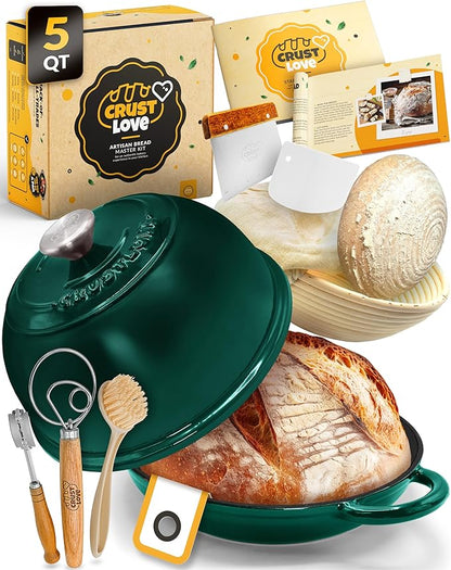 CRUSTLOVE Dutch Oven Bread Baking - 5QT Enamel Bread-Oven - incl Sourdough Bread-Baking Suppliers like Dough Whisk Scoring Lame etc Bread-Dome Cast Iron Bread-Pan with Lid for Sour dough, Bread-makingBottle Green Dome