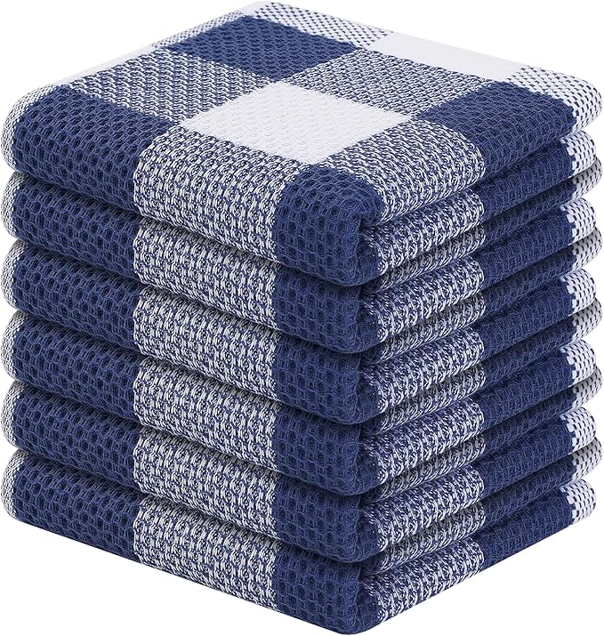 Homaxy 100% Cotton Waffle Weave Check Plaid Dish Cloths, 12 x 12 Inches, Super Soft and Absorbent Dish Towels Quick Drying Dish Rags, 6-Pack, White & Navy Blue