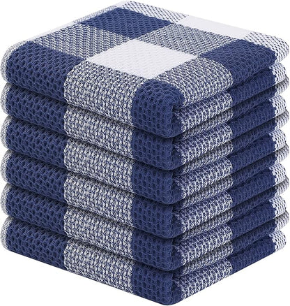 Homaxy 100% Cotton Waffle Weave Check Plaid Dish Cloths, 12 x 12 Inches, Super Soft and Absorbent Dish Towels Quick Drying Dish Rags, 6-Pack, White & Navy Blue