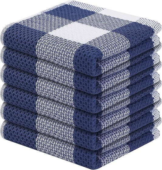 Homaxy 100% Cotton Waffle Weave Check Plaid Dish Cloths, 12 x 12 Inches, Super Soft and Absorbent Dish Towels Quick Drying Dish Rags, 6-Pack, White & Navy Blue