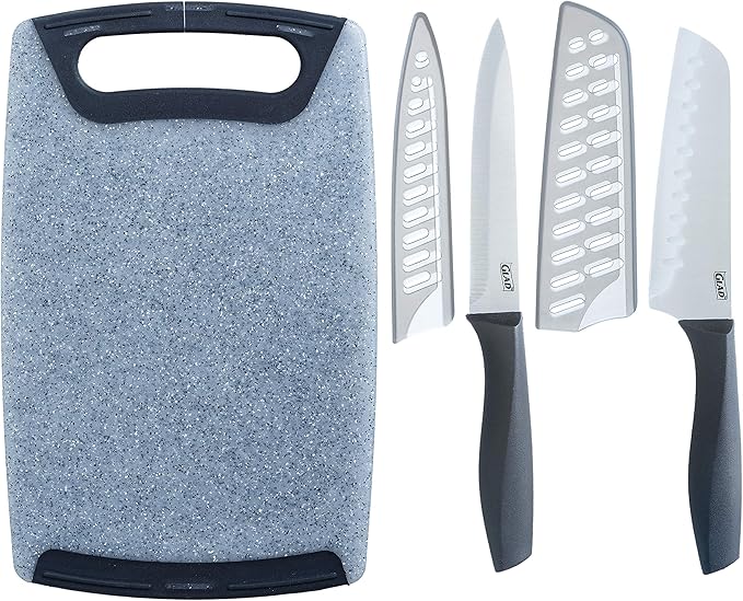 Glad Knife Set with Cutting Board, 5 Pieces | Sharp Santoku and Utility Knives with Blade Covers and Plastic Chopping Block | Kitchen Cooking Accessories