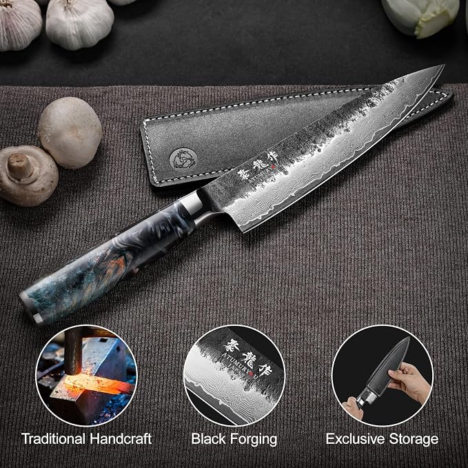Japanese Chef Knife 8", Hand Forged 67-Layer Damascus VG10 Core Kitchen Knife for Home & Professional Chefs, Razor Sharp Chef's Knives with Leather Sheath, Premium Father Day Gift for Dad Husband