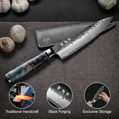 Japanese Chef Knife 8", Hand Forged 67-Layer Damascus VG10 Core Kitchen Knife for Home & Professional Chefs, Razor Sharp Chef's Knives with Leather Sheath, Premium Father Day Gift for Dad Husband