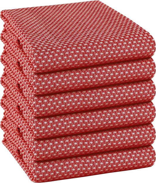 TWINY threads 6-Pack Cotton Kitchen Towels, 18x28 Inches, Soft & Absorbent Dish Cloths Set with Hanging Loop, Quick-Dry, Reusable and Washable Washcloths for Cooking, Baking & Cleaning Tasks, Red