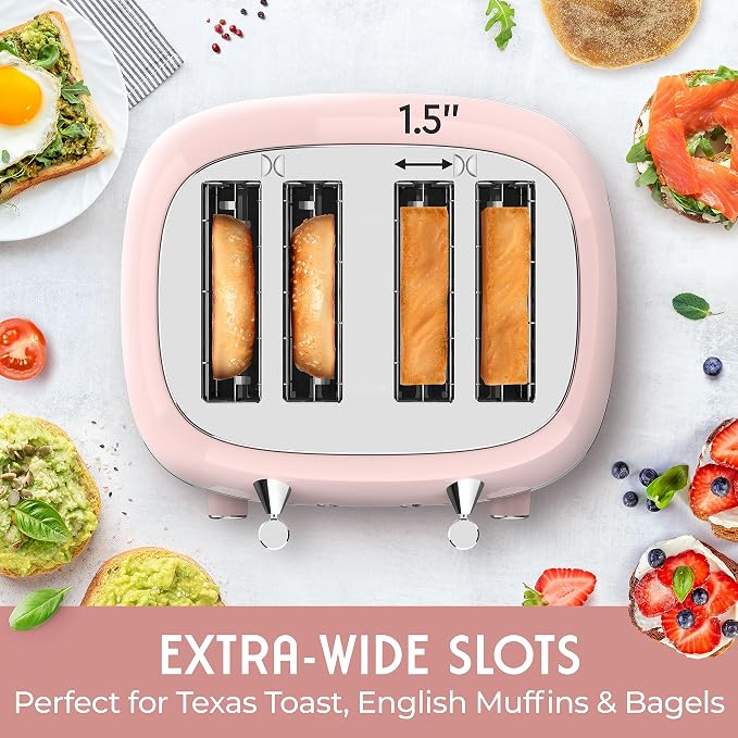 Mueller Retro Toaster 4 Slice with Extra Wide Slots Bagel, Defrost, and Cancel Function, 6 Browning Levels, Dual Independent Controls, Removable Crumb Tray and High Lift Levers, Pink