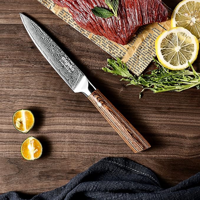 Aisyoko 5-Inch Paring Knife - Japanese VG-10 Super Steel 67-Layer Damascus Blade - Fruit Utility Knife for Carving & Peeling - Luxury Gift Box with Color Wooden Handle - Includes Scabbard