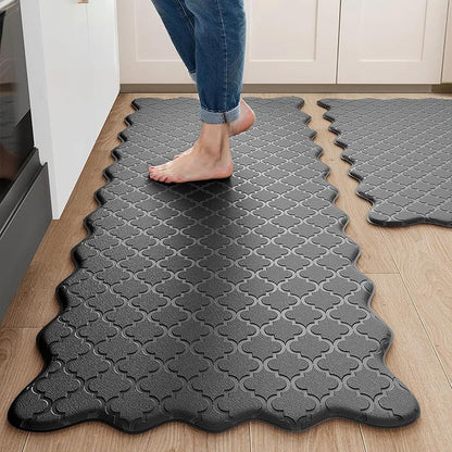 Arenarug Upgrade Scalloped Embossed Kitchen Mats for Floor 2PCS Cushioned Anti Fatigue Waterproof Foam Kitchen Rugs Non Slip Washable Comfort Standing Mat for Sink Laundry, 24"x39"+24"x59", Black