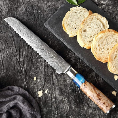 XITUO Damascus Serrated Bread Knife - VG10 Serrated Knife for Homemade Bread - Japanese Blue Resin & Wooden Handle - Slicer Knives for Sourdough Baguette - with Gift Box