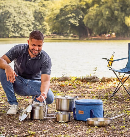 Camping Cookware Set 304 Stainless Steel 8-Piece Pots & Pans Open Fire Cooking Kit | Frying Pan Steamer with Travel Tote Bag | Compact For Outdoors & Indoors Kitchen Family Campfire Hiking RV