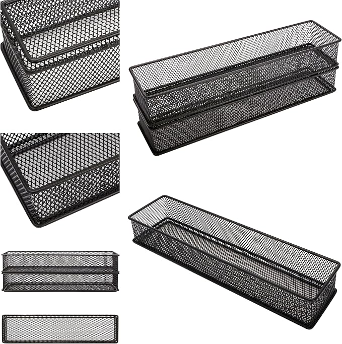 Annova Mesh Stackable Drawer Cabinet and Shelf Organizer Bins Storage Basket School Office Supply Holder Tray- Set of 2 (Black, 3x12x2 Inch)