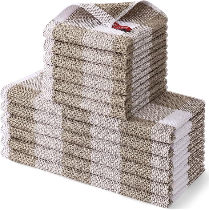 Homaxy Kitchen Towels and Dishcloths Set, 12 x 12 and 13 x 28 Inches, Set of 12 100% Cotton Waffle Weave Check Plaid Kitchen Dish Towels, Super Soft and Absorbent Dish Cloths, White & Khaki