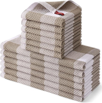 Homaxy Kitchen Towels and Dishcloths Set, 12 x 12 and 13 x 28 Inches, Set of 12 100% Cotton Waffle Weave Check Plaid Kitchen Dish Towels, Super Soft and Absorbent Dish Cloths, White & Khaki