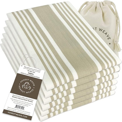 HONEST WEAVE GOTS Certified Organic Cotton Kitchen Hand and Dish Towel Sets - Oversized 20x30 inches, Fully Hemmed, in Designer Colors, 6-Pack, Warm Gray/Taupe Stripe
