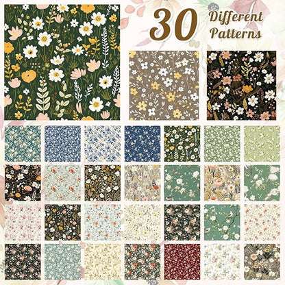 Tatuo 30 Pcs 10 x 10 Inches Vintage Floral Cotton Fabric Bundle Squares Patchwork Floral Fabric Sewing Quilting Bundles Assorted Pattern Cloth for DIY Scrapbook Craft Making