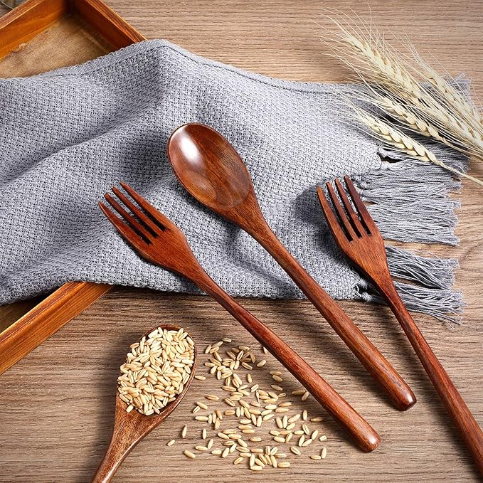 Patelai 16 Pieces Wooden Spoons Forks Set Wooden Utensils for Eating Wood Dinner Utensil Set Reusable Flatware Tableware Handmade Natural Cutlery Includes Spoon Fork for Cooking Eating Kitchen