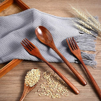 Patelai Wooden Spoons Forks Set Wooden Utensils for Eating Wood Dinner Utensil Set Reusable Flatware Tableware Handmade Natural Cutlery Includes Spoon Fork for Cooking Eating Kitchen(10 Pieces)