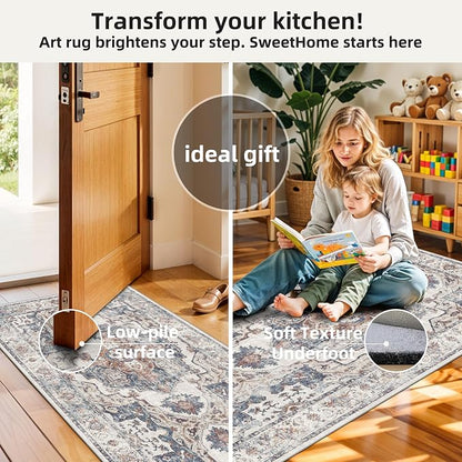 4 Pieces Kitchen Rug Set: Washable Water Resisitant Carpet for Sink Stove Area Soft Floor Mats with Non-Slip Backing for Bathroom Low-Pile Runners for Family with Elderly Dogs(2x3+2x4+2x5+2x6,Brick)