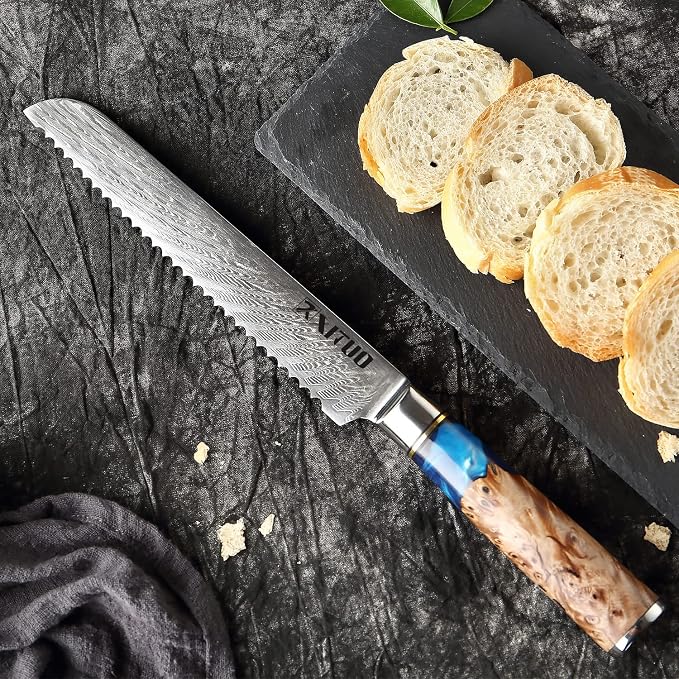 XITUO VG10 Damascus Steel 4-Piece Japanese Chef Knife Set, Blue Resin & Wood Handle, 8" Chef Knife, 8" Bread Knife, 6" Boning Knife, 5" Utility Knife, Gift Box