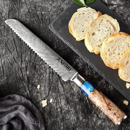 XITUO VG10 Damascus Steel 4-Piece Japanese Chef Knife Set, Blue Resin & Wood Handle, 8" Chef Knife, 8" Bread Knife, 6" Boning Knife, 5" Utility Knife, Gift Box