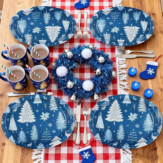 50Pcs Winter Tree Oval Paper Plates 10" x 12" Winter Wonderland Blue Large Heavy Duty Plates Christmas Tree Snowflake Disposable Platters Tableware for Xmas Holiday Party Decorations
