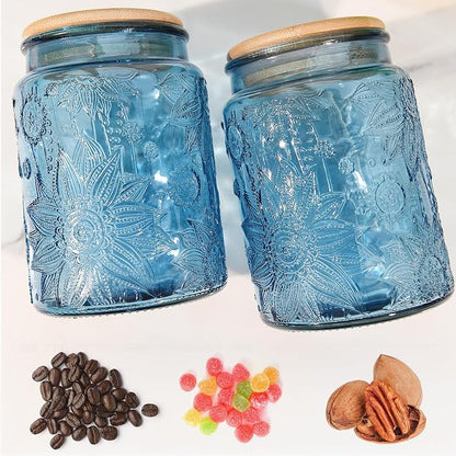 Custde Blue Vintage Glass Candy Jar with Airtight Bamboo Lid, 23.7oz Kitchen Storage Canister for Sugar, Coffee, Tea, Cookies, Bath Salt - Decorative Mason Jar for Pantry & Counter(Blue, 23.7 fl oz)