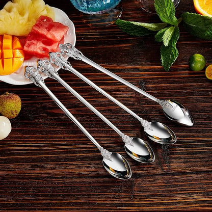 KEAWELL Luxurious 9 Inch Long Iced Tea Spoon Set - 4 Pieces - Gorgeous Design with Exceptional Mirror Polished Finish - 18/10 Stainless Steel- Perfect for Tall Glasses, Cocktails (Silver)