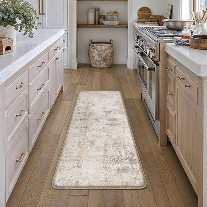 Kitchen Mats for Floor Set of 2 Thick Anti Fatigue Waterproof Kitchen Rug Beige Grey Abstract Cushioned Non-Slip Comfort Standing Mat for Sink Laundry Office 17.3"×47"+17.3"×30"