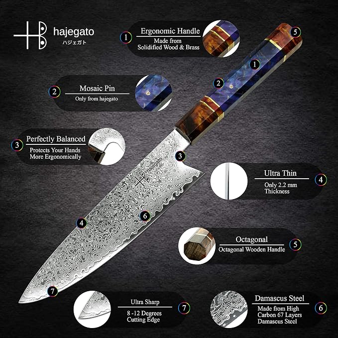 Damascus Chef Knife Gyuto Unique One Of Kind Handle Professional 8 Inch Japanese Chefs Kitchen Knife Vg10 67 Layers Damascus Steel Knive with Sheath
