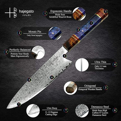 Damascus Chef Knife Gyuto Unique One Of Kind Handle Professional 8 Inch Japanese Chefs Kitchen Knife Vg10 67 Layers Damascus Steel Knive with Sheath