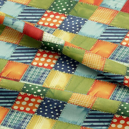 Patchwork Cotton Fabric Panel 61 x 36.6 Inches, Colorful Geometric Squares Quilt Style, 100% Cotton 140 GSM, Sewing Quilting Craft Fabric