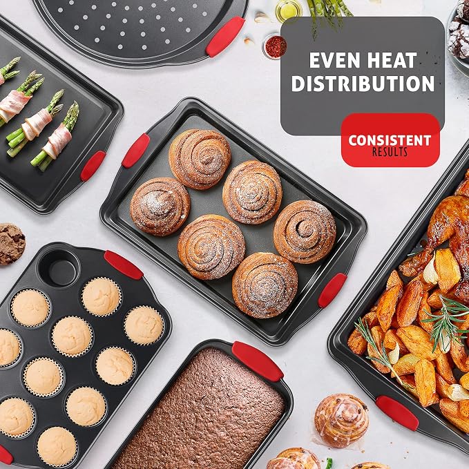 Baking Pan Set, 39 Piece Premium Baking Set, Nonstick Bakeware Sets BPA Free, Cookie Sheets for Baking Nonstick Set, Steel Baking Sheets for Oven with Muffin Pan, Cake Pan & Red Kitchen Utensils