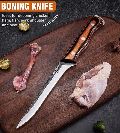 Naitesen 4PCS Hand Forged Butcher Knife and Kitchen Knife 2 in 1 Set, Heavy Duty Meat Cleaver Serbian Chef Knife Breaking Knife Boning Knife for Meat Cutting BBQ Gifts for Men Women