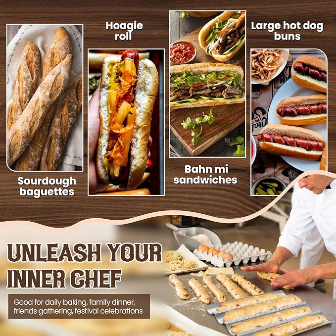 Pavsrmy Baguette Bread Pan, Premium Nonstick Perforated Baguette Pan for French Bread Baking, 4 Loaves Baguette Baking Tray for Sourdough, Italian Bread, Perfect for Creating Crisp Golden-Brown Crust