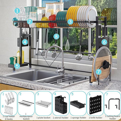 Over the Sink Dish Drying Drainer Rack - Height & Width Adjustable Large Capacity Stainless Steel Kitchen Storage Organization Plate Strainers Above Kitchen Counter (W24.4-38.2" ~ H17.7-22.1" Black)