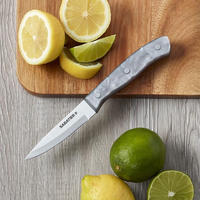 Sabatier Triple Riveted Serrated Utility Knife, 5-Inch, Razor-Sharp Kitchen Knife to Cut Fruit, Vegetables and more, High-Carbon Stainless Steel, Gray