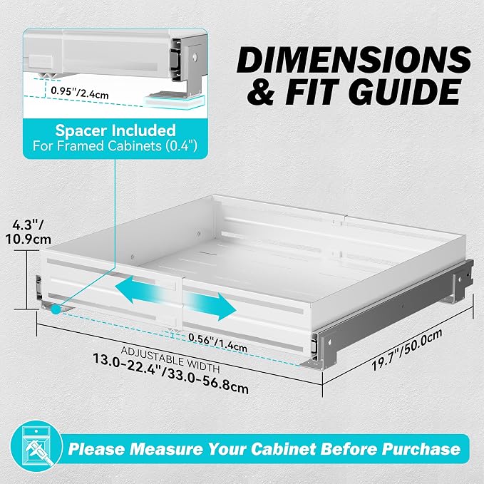 Pull Out Cabinet Organizer, Expandable Width 13"-22", Heavy Duty Metal Slide Out Drawers for Cabinets, Expandable Cabinet Pull Out Shelves for Kitchen, Pantry, Bathroom, White