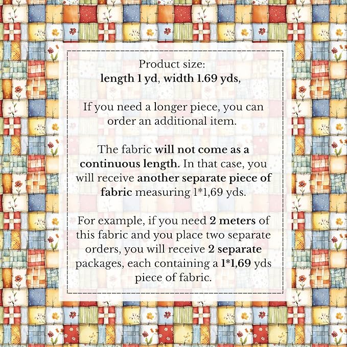 Patchwork Cotton Fabric Panel 61 x 36.6 Inches, Floral Quilt Style Squares, Soft Multicolor Design, 100% Cotton 140 GSM, Sewing Quilting Fabric