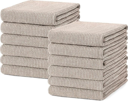 Mordimy Premium Kitchen Towels 12 Pack (18 x 28 Inches, Khaki), Large Cotton Kitchen Hand Towel, Flat & Terry Dish Towels for Drying Dishes, Super Absorbent Tea Dishtowels Set with Hanging Loop