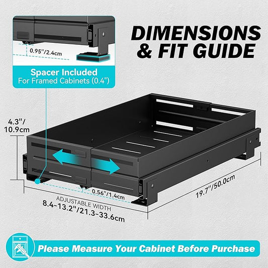 Pull Out Cabinet Organizer, Expandable Width 8"-13", Heavy Duty Metal Slide Out Drawers for Cabinets, Expandable Cabinet Pull Out Shelves for Kitchen, Pantry, Bathroom, Black