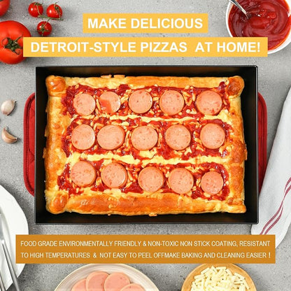 Blue Steel Detroit Pizza Pan 14x10 (Non-Stick&BPA Free) Heat-Resistant Up to 500°F, Pre-Seasoned Carbon Steel Detroit Pizza Pan, Deep Dish Pizza Authentic Steel Pan Five Years Free -Replacement