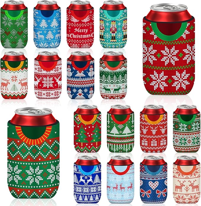 18 pack Christmas Can Cooler Sleeves Beer Drink Sweater Style Can Bottle Cooler Sleeves Collapsible for Christmas Holiday Party Decorations Supplies Favors