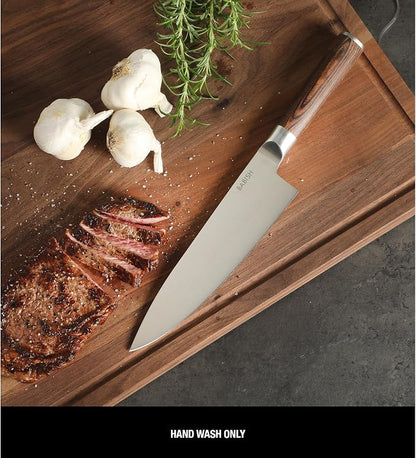 Babish 8-Inch Chef Knife – High-Carbon 1.4116 German Steel Kitchen Knife with Dark Pakka Wood Handle, Full-Tang Razor Sharp Chef’s Blade for Chopping, Slicing, Dicing & Everyday Prep